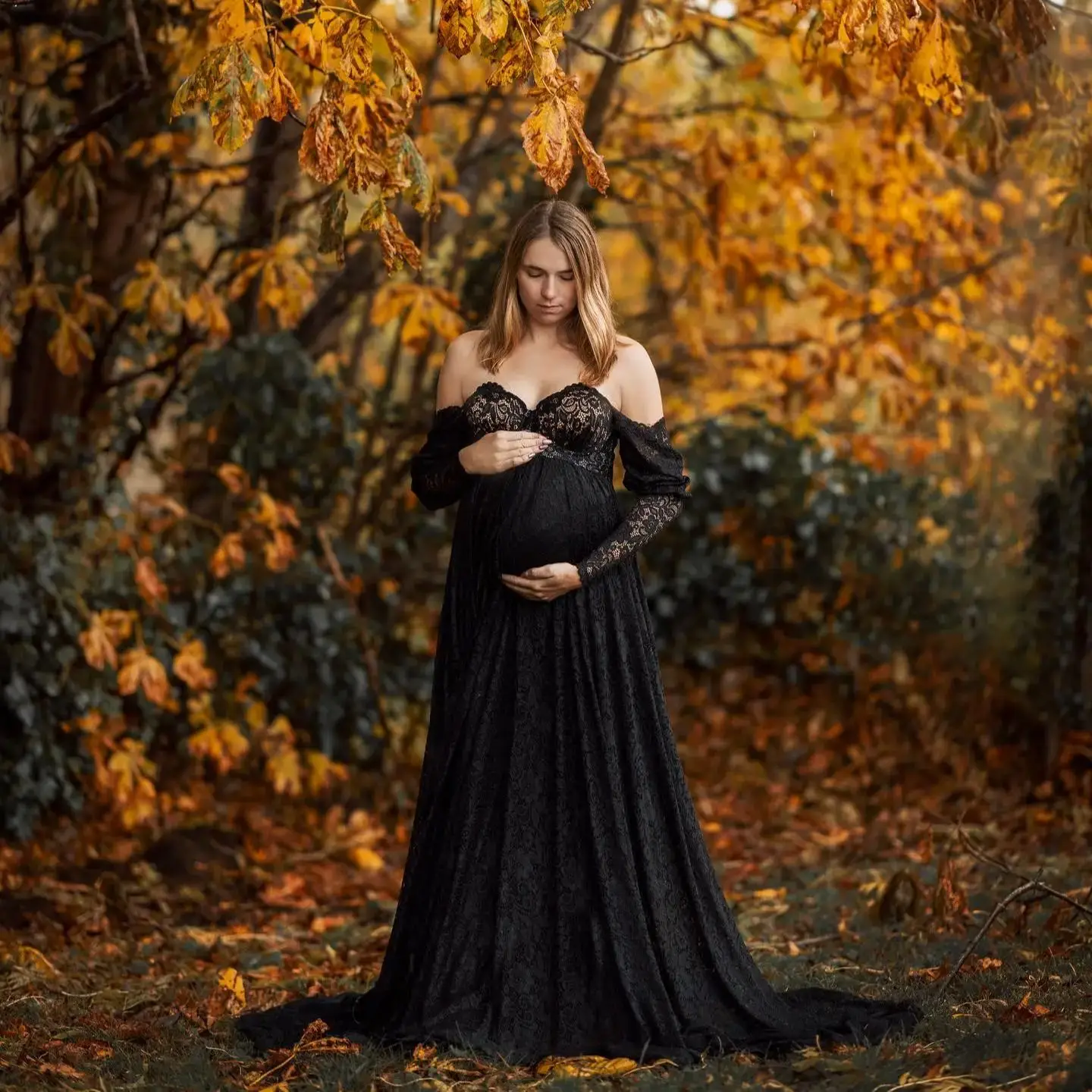 

Off Shoulder Black A Line Evening Dresses for Pregnant Women Long Sleeves Lace Maternity Robes Floor Length Photoshoot Gowns