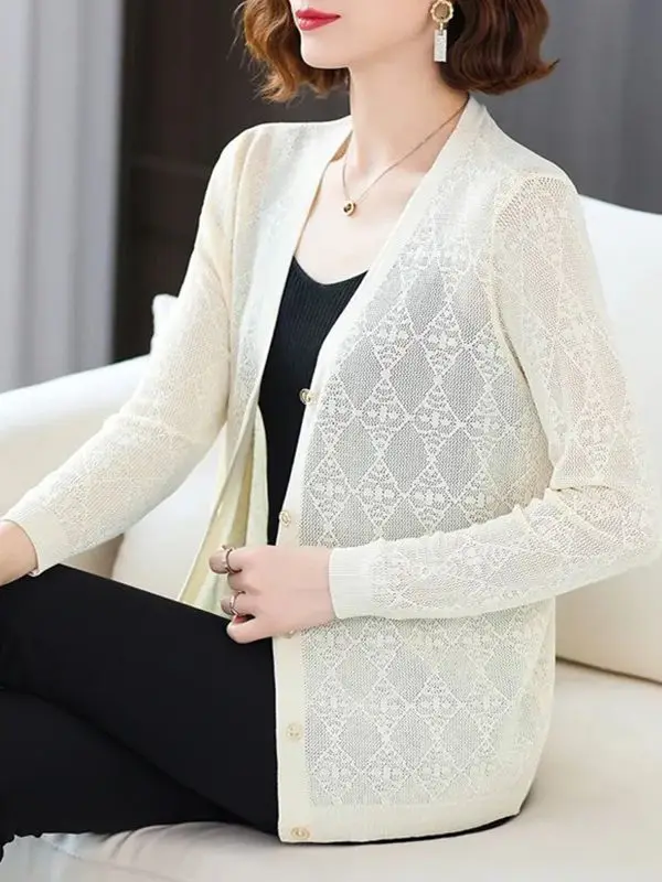 

Summer Thin Ice Silk Open Cardigan Long Sve Knitted Sweater ort Sle Women's Outerwear Sun Protection irt V-Ne Loos...