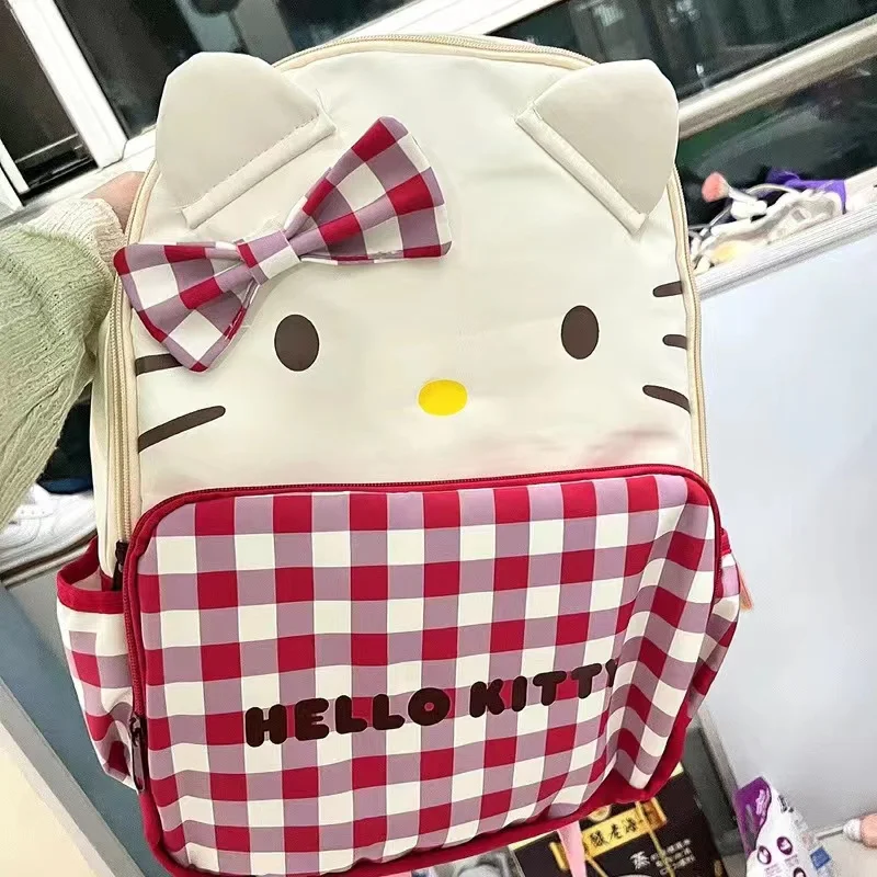 Sanrio Hello Kitty Cute Cartoon Plaid Backpack Y2k Women Fashion Large Capacity Kawaii Schoolbag Casual Shoulder Bags My Melody