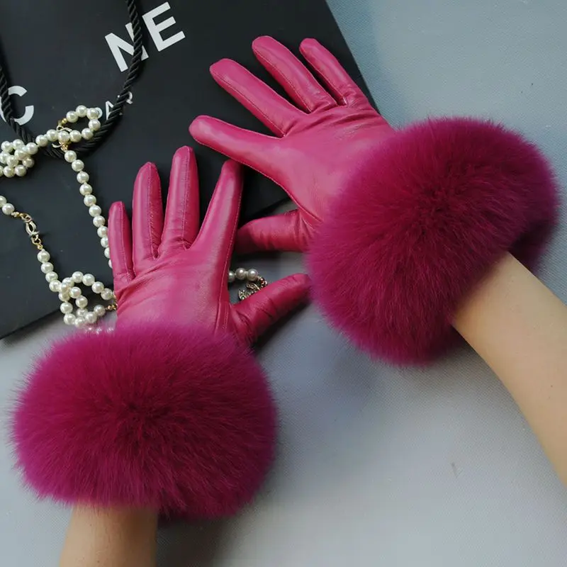 Natural Fox Fur Sheepskin Warm Leather Gloves for Women Winter Plus Velvet Genuine Leather Outdoor Drive Windproof Gloves Female