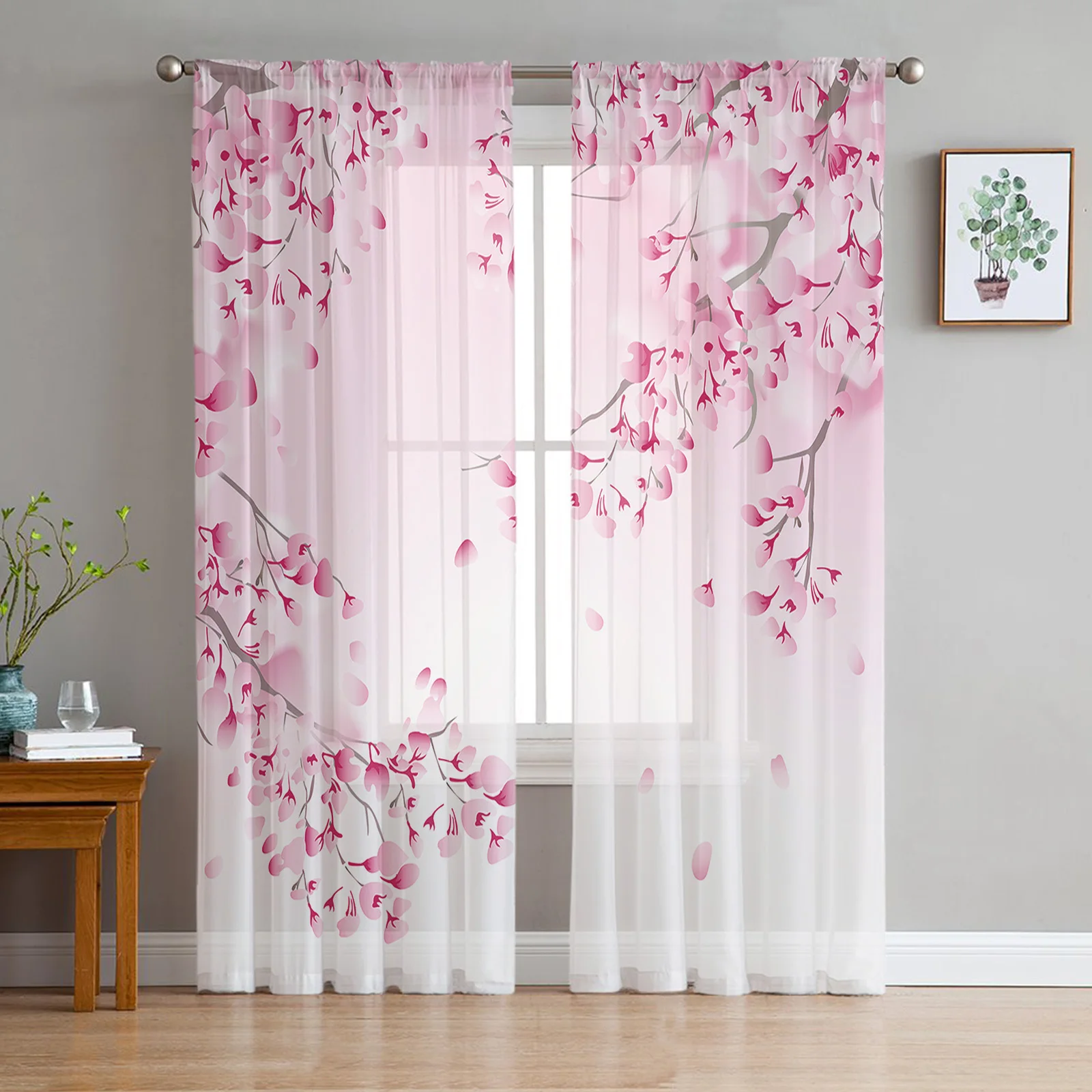 Japanese Style Sakura Cherry Blossom Pink Flower Sheer Curtains Living Room Decoration Window Curtain Kitchen Tulle Voile Drapes