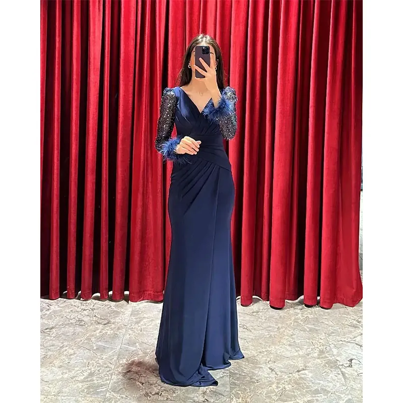 Robe de Soirée Longue Bleue à Col en V pour Femme, Dos aux, Paillettes, Manches sulf, Sirène, Traîne de Balayage, Sur Mesure, ix, Quelle que soit