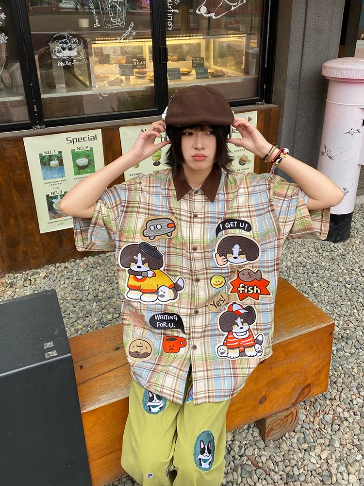 

BIBULU Retro Stier Dog Embroidery Loose Casual irt ort Sve Children's Fun Summer Top for Women in plus Sizes