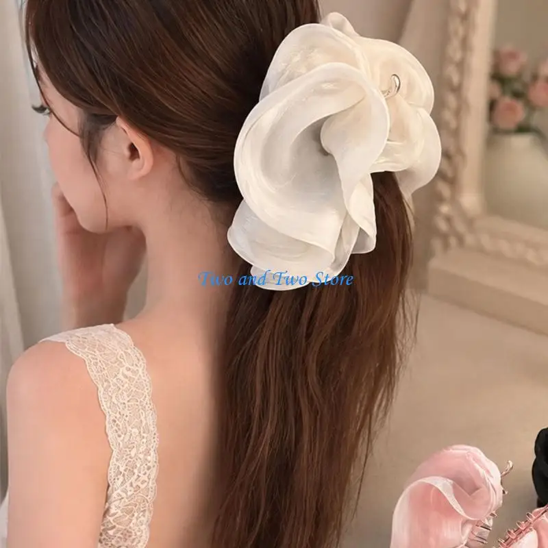 HX6F Sheer Mesh Banana Hair Clip with Oversized Ruffled for Back Hair Styling, Skincare, and Daily Wear Support