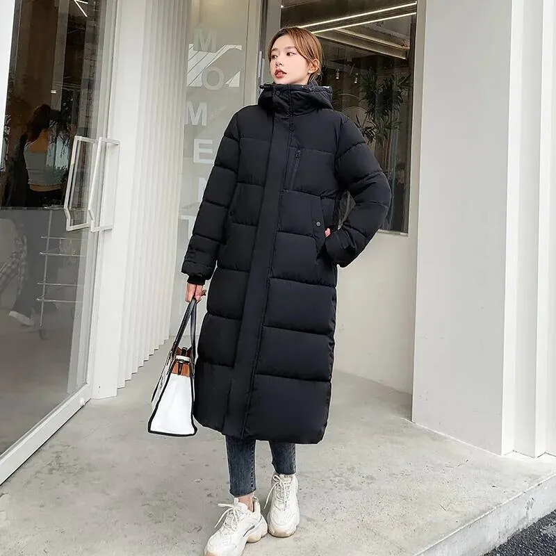 Women Parkas Coats Hooded Jackets Solid Pocket Zipper Long Sleeves Thick Slim Fit Wide Waist Elegant Casual 2025 Autumn Winter