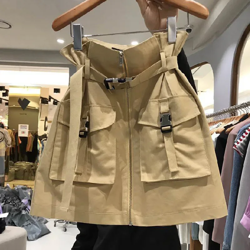 2023 Spring Summer New Korean Style High-Waisted Slimming Workwear Inspired Mini Dress Unique Pocket Solid Color Zipper