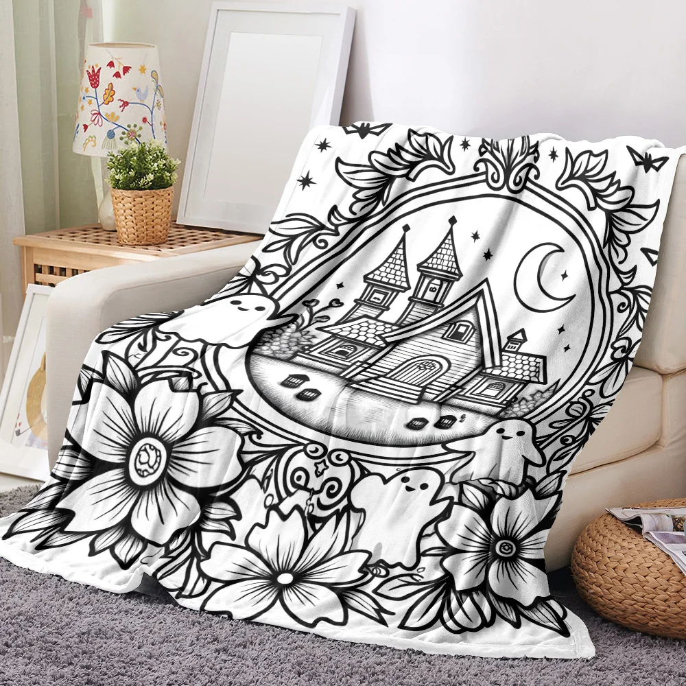 1PC Haunted House Print Portable Blanket that can doodle your own colors. Great for travel, camping, living rooms, offices, sofa