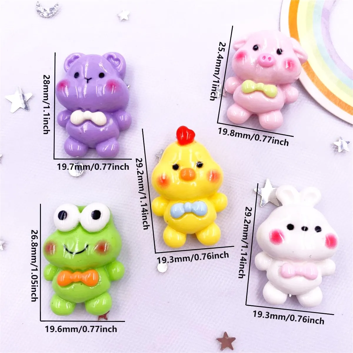 10PCS Kawaii Resin Colorful Cartoon Bow Bear Pig Chicken Frog Rabbit Scrapbook Flatback 3D Figurine DIY Decor Accessories Crafts