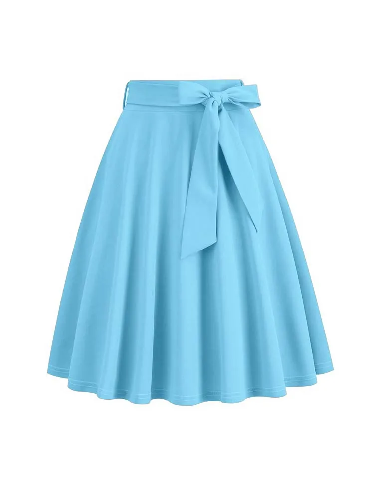 Women Retro Vintage Midi Long Skirt Solid Elegant Faldas High Waist A Line 50s Swing Skirts