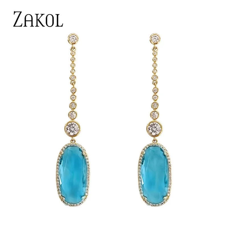 ZAKOL Fashion Long Tassel Dangle Earrings for Women Sea Blue Oval  Zircon Bridal Earring Girls Wedding Party Jewelry 2023 New