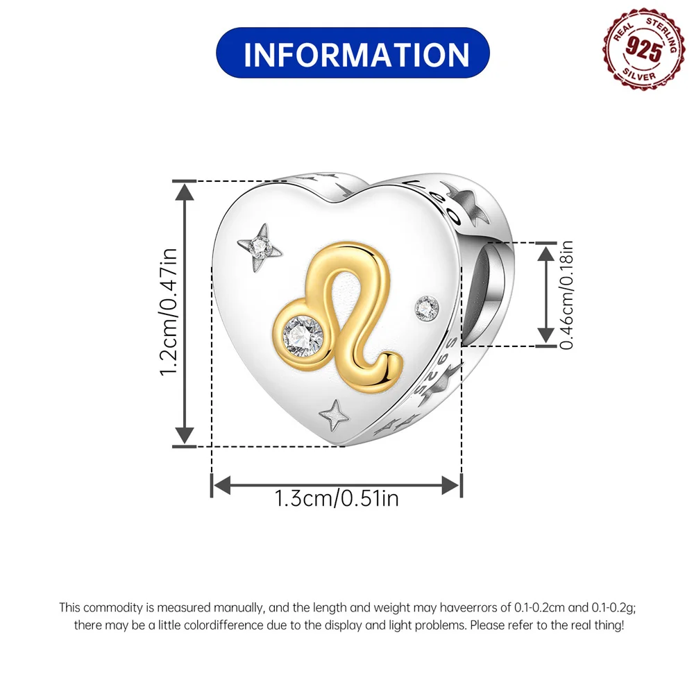 925 Sterling Silver Heart Shaped Cancer Zodiac Charm Two-Tone Gold Plated Cancer Sign beads Fit DIY Charm Bracelets Jewelry Gift