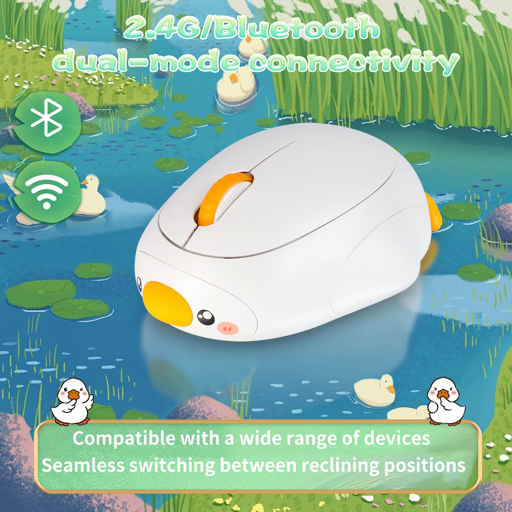 Mouse Nirkabel Isi Ulang Bebek Putih Lucu 2.4G + Bluetooth Konektivitas Mode Ganda Ergonomi Bisu Mouse Komputer untuk Laptop PC