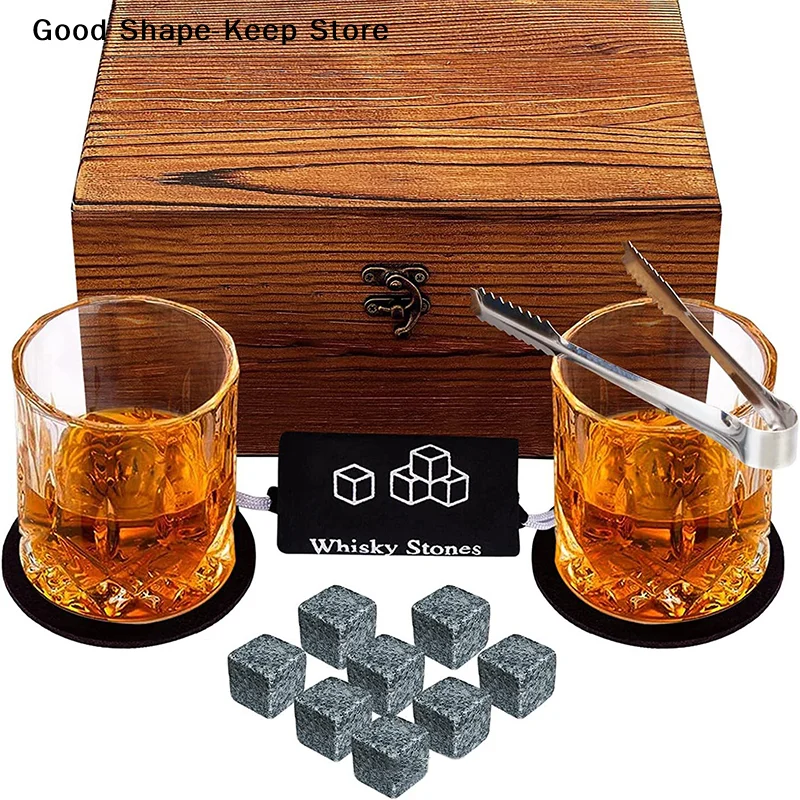 Juego de 8 cubos de hielo de granito + 2 vasos para whisky en caja de madera, regalo para papá, regalo del Día del Padre para hombres, piedras para whisky