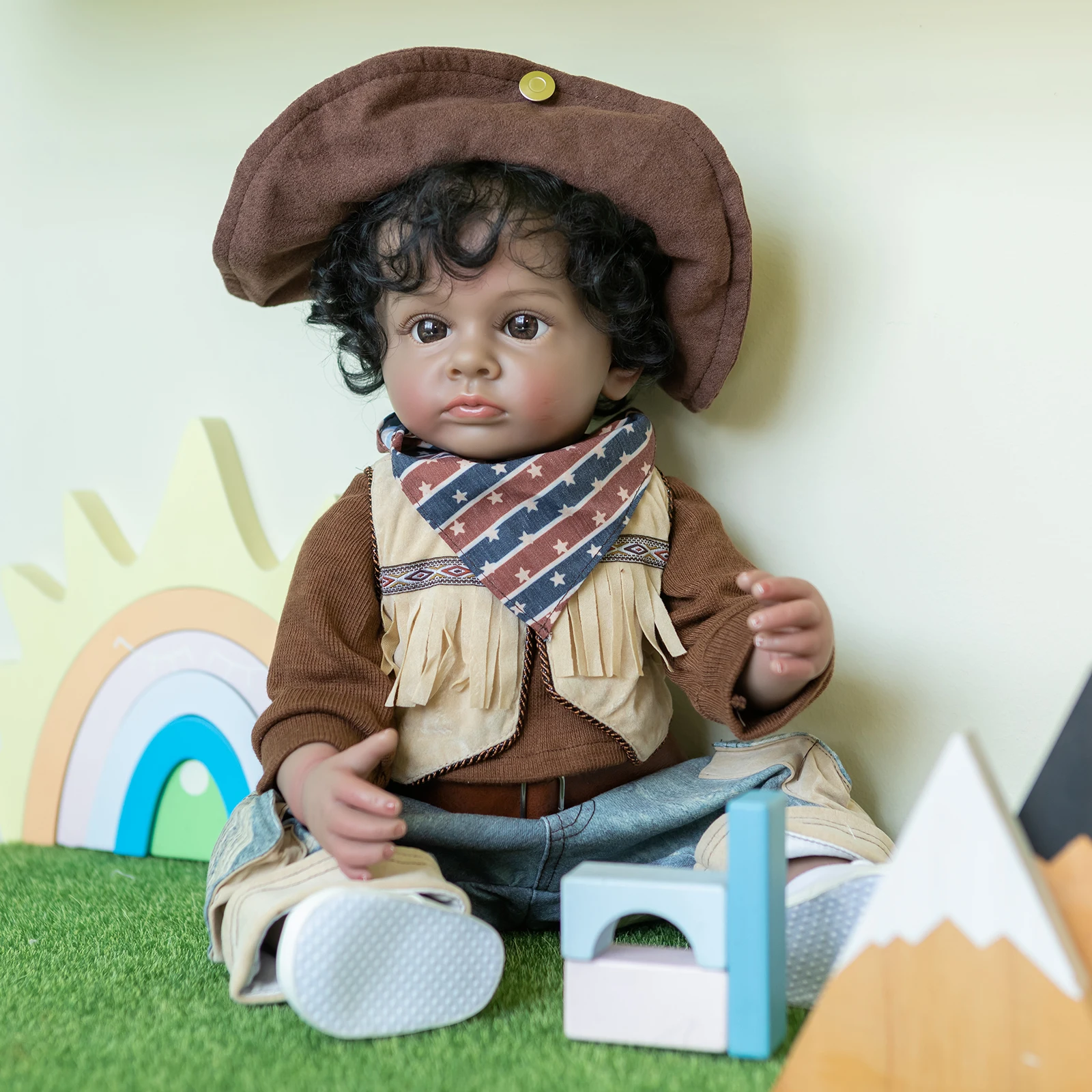 

FBBD 55CM Full Body Soft Silicone Real Touch Reborn Baby Boy Doll Dark Brown Skin Tutti Handmade High Quality Art Doll