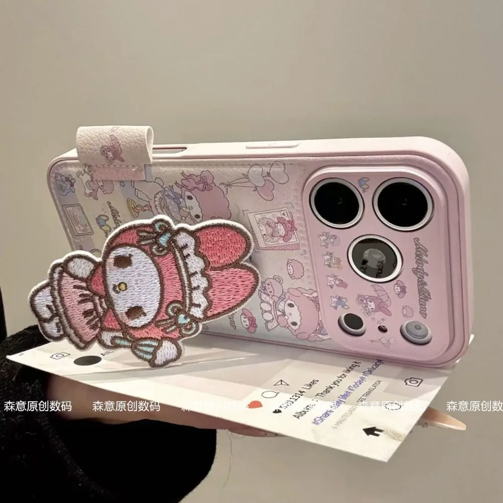 New cute cartoon pattern rabbit embroidered phone case holder for iPhone 17 16 15 14 13 Pro Max leather texture protective case