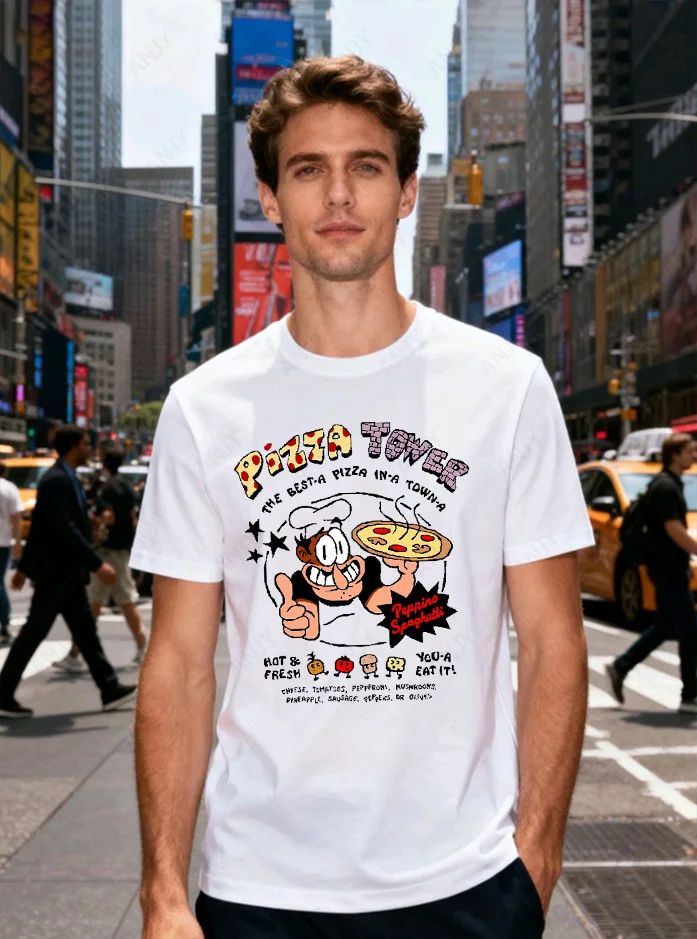 Pizza Tower Classic Slogan Printed T-shirt Game Fans Exclusive Loose Cotton Top