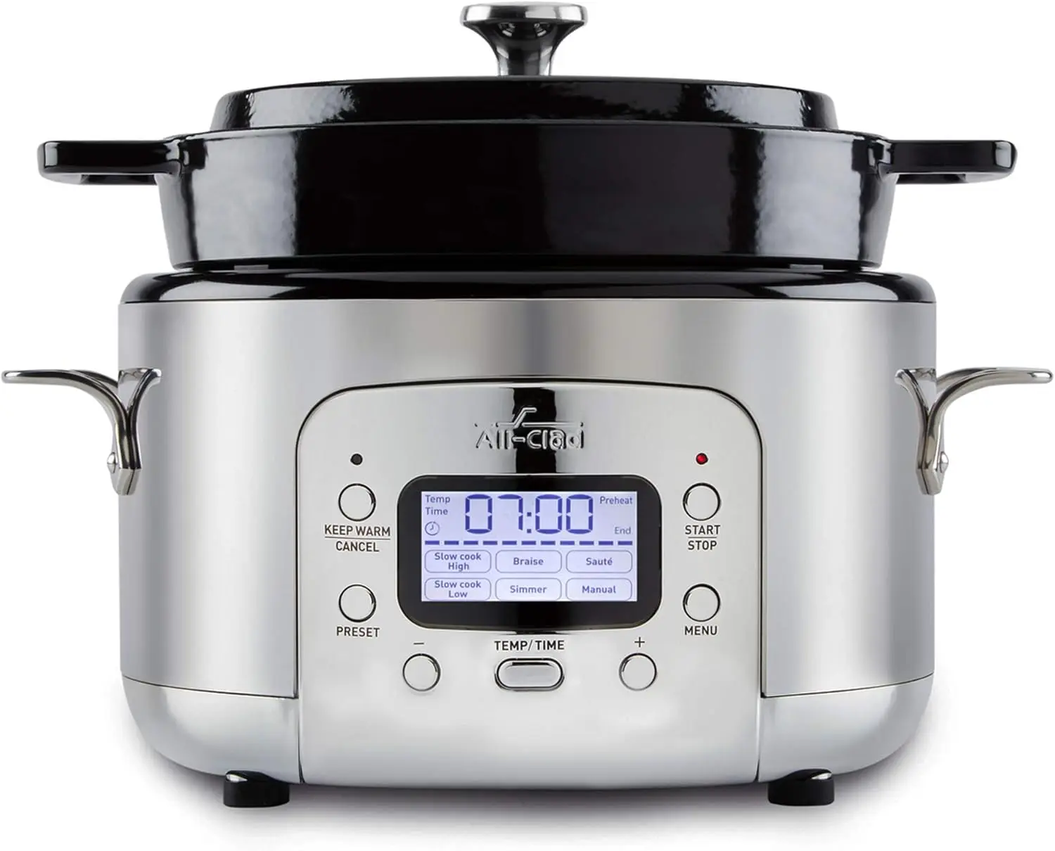 5 Quart 7-in-1 Electric Slow Cooker with Stainless Steel and Cast Iron, 1200W - Black Enamel Crock