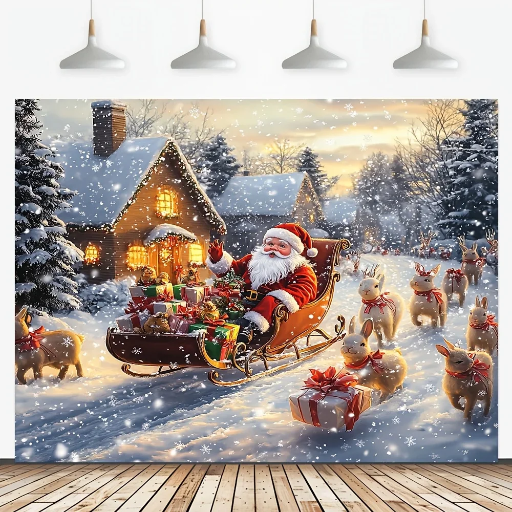 Santa Claus Sleigh Christmas Tapestry 2D Flat Wall Hanging Snowy Cabin Rabbit Decor for Living Room Bedroom Holiday Art Fabric