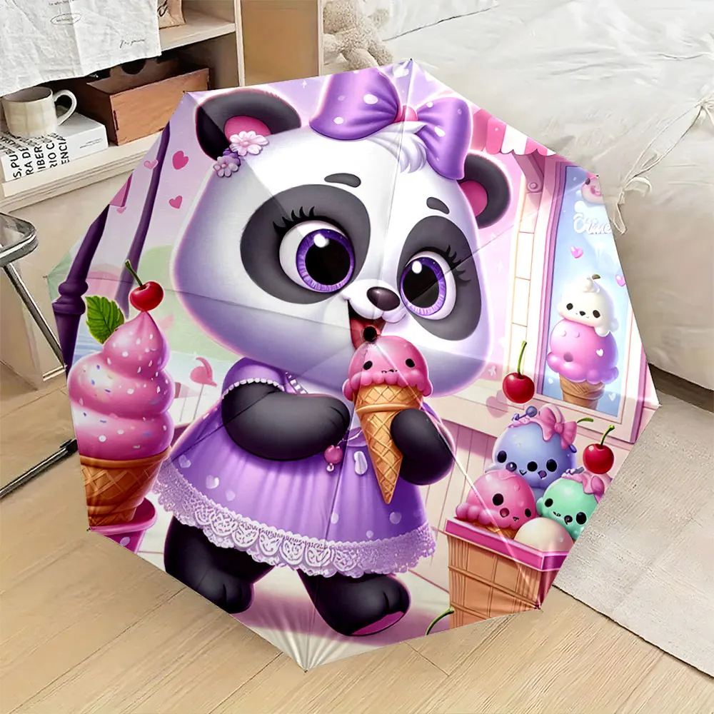 1PC Adorable Panda Eating Ice Cream Umbrella Design Print 8 Iron Ribs Folding Umbrella Auto-Open Fashion Sunshade