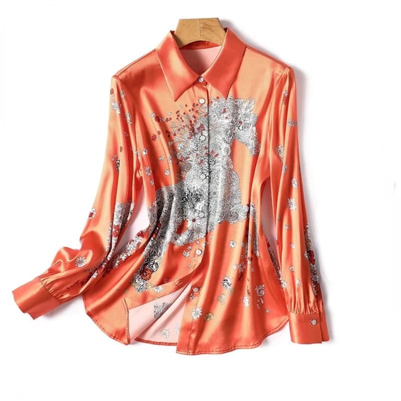 Satin Long Sleeve Shirt Women 2024 New Summer Printing Korean Fashion Loose Comfortable Single-breasted Lapel Blouse
