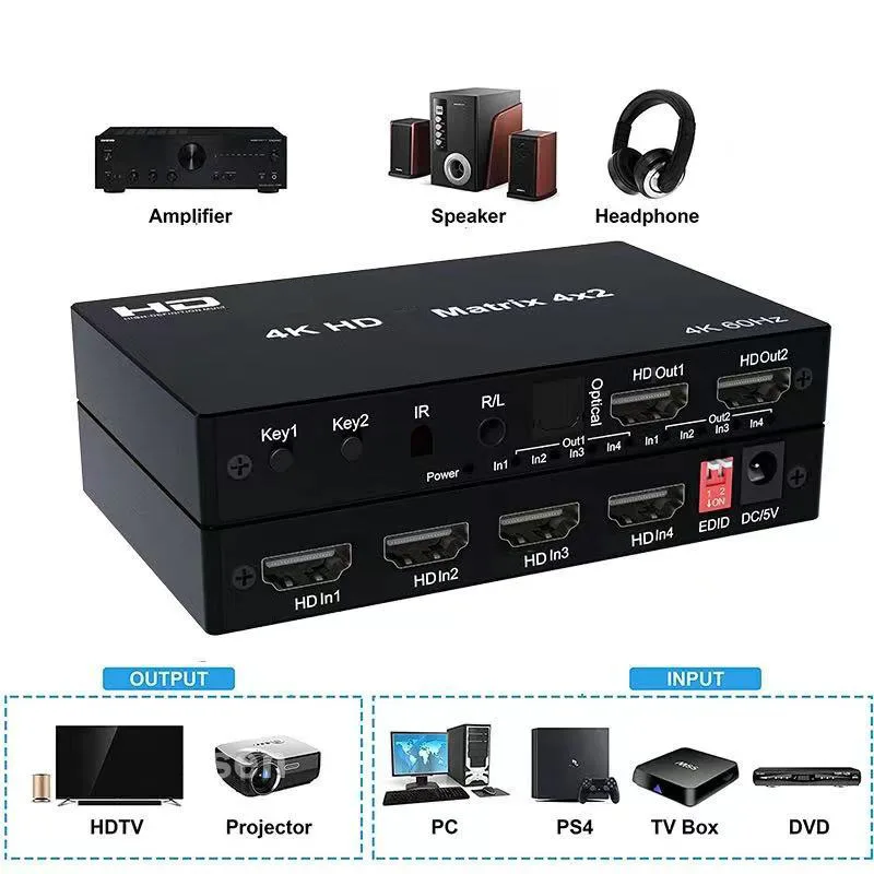 

4K Switch 2x4 HDMI-compatible Video 4X2 Matrix Switch Splitter 2 In 4 out with Optical & R/L Audio Extractor Dolby HDCP2.2