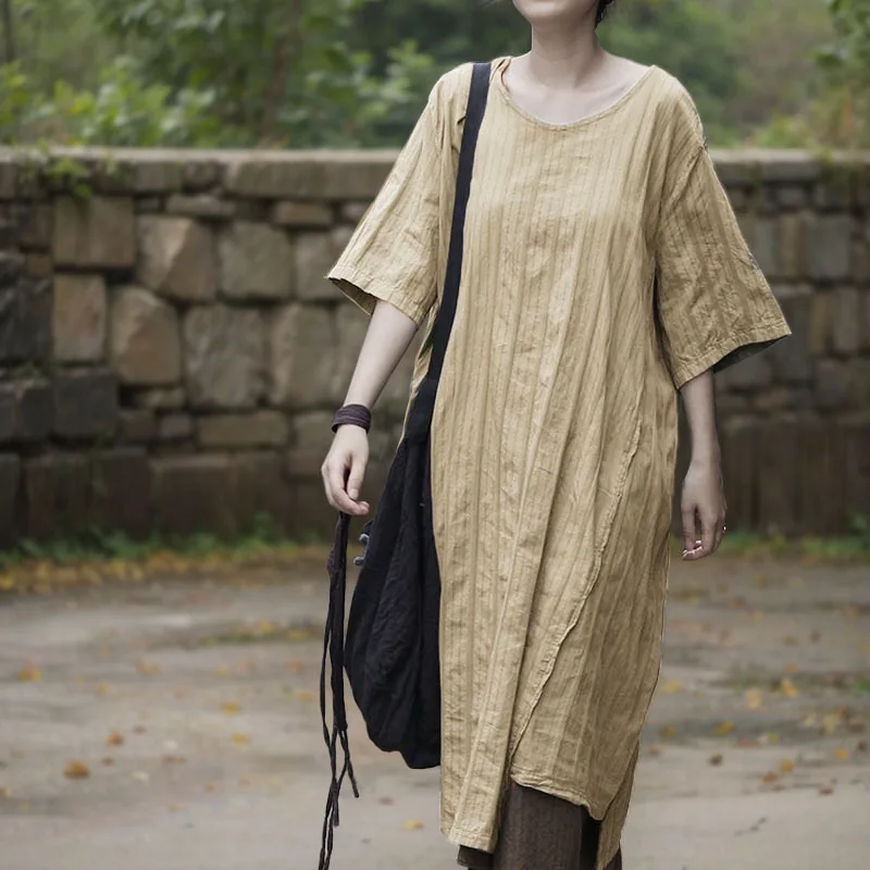 

Женское хлопково-льняное полосатое летнее платье нестандартной формы, женское винтажное модное уникальное платье Vestido De Mujer, повседневное женское платье миди для подиума