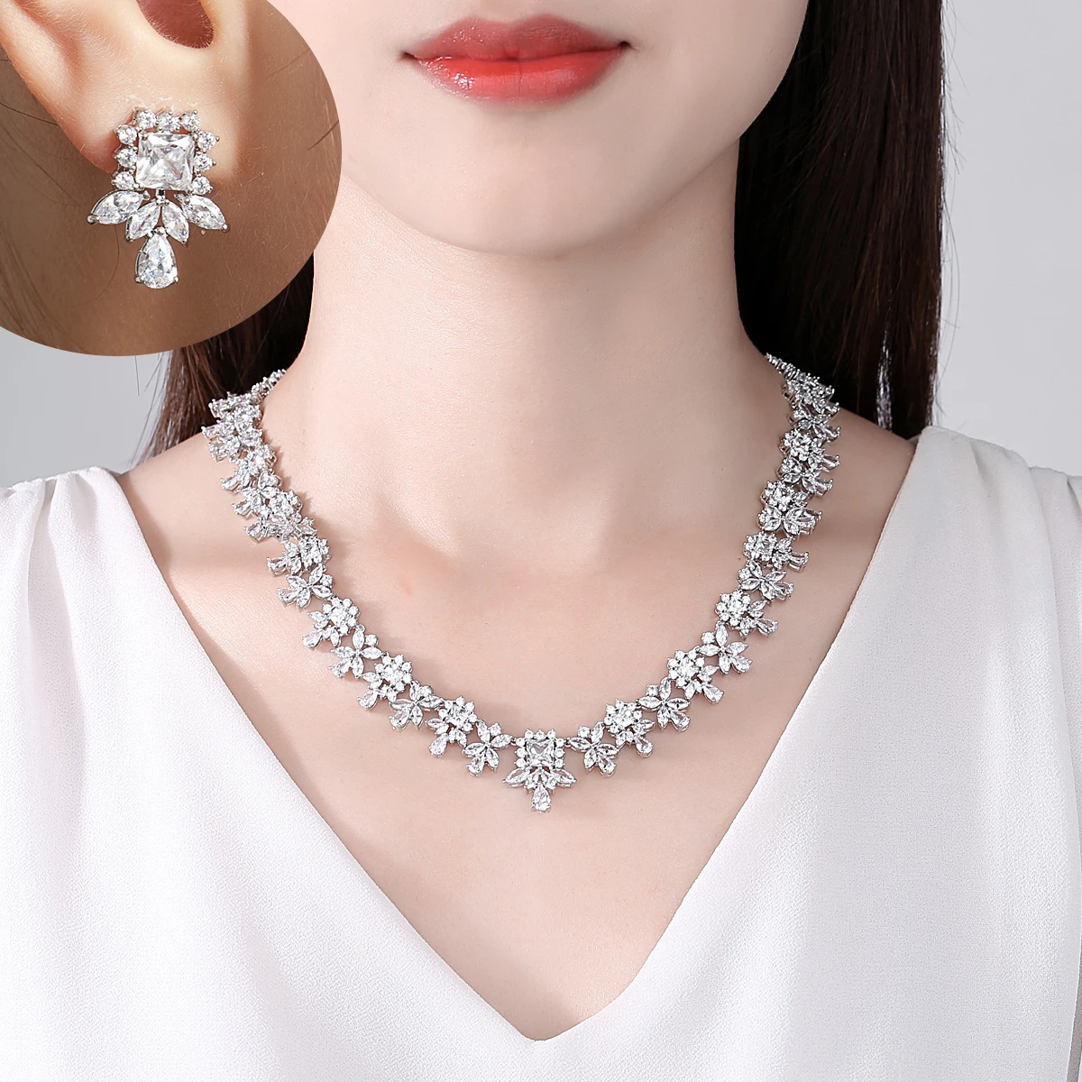 LUOTEEMI Luxury Multiple Flowers High Quality CZ Silver Color Necklace for Women Customized Women Wedding Bridal Accessories