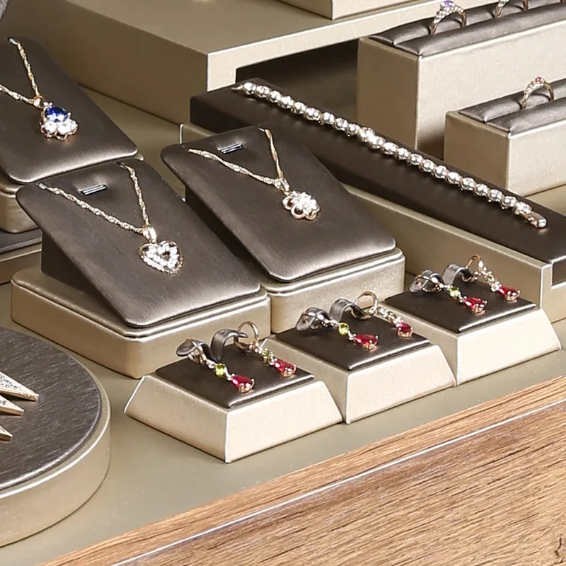 

Brown Brushed Leather Jewelry Display Stand for Ring Earrings Necklace Pendant - Counter Storage Organizer