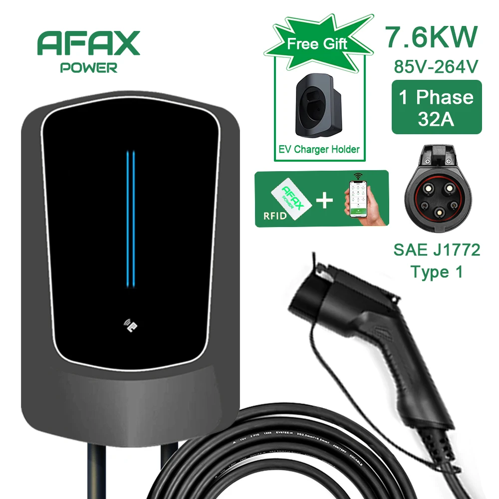 AFAX EVSE Wallbox EV Car Charger Electric Vehicle Charging Station Wall mounted 7.6KW 9.6KW 12KW Type1 Cable SAE J1772 Cord