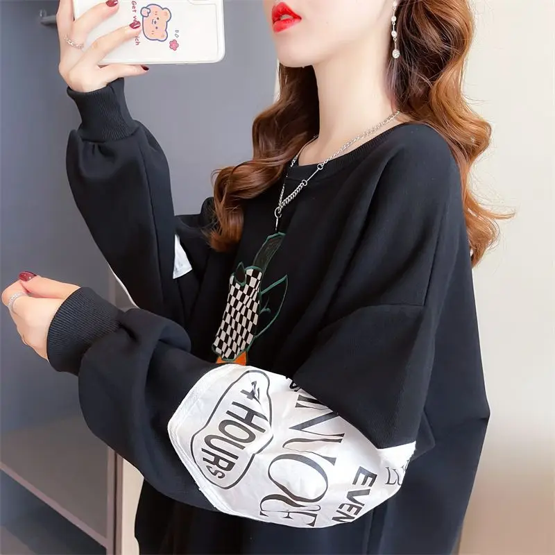 2024 Autumn Winter New Casual Korean Printing O-neck Long Sleeve Mid Length Top Femme Loose Cartoon Pullover T-Shirts Women\'s