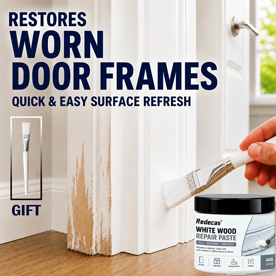 White Wood Repair Paste with Brush: Covers Scratches, Gaps & Wear, handy Filler for Skirting, Cabinets and Doors
