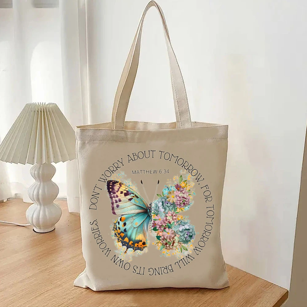 Don't Worry About Tomorrow-Sac à main en toile pour femme, papillon Boho, infirmière, enseignant, sac fourre-tout, sac d'étude de la Bible, cadeau pour la mère, sac d'épicerie