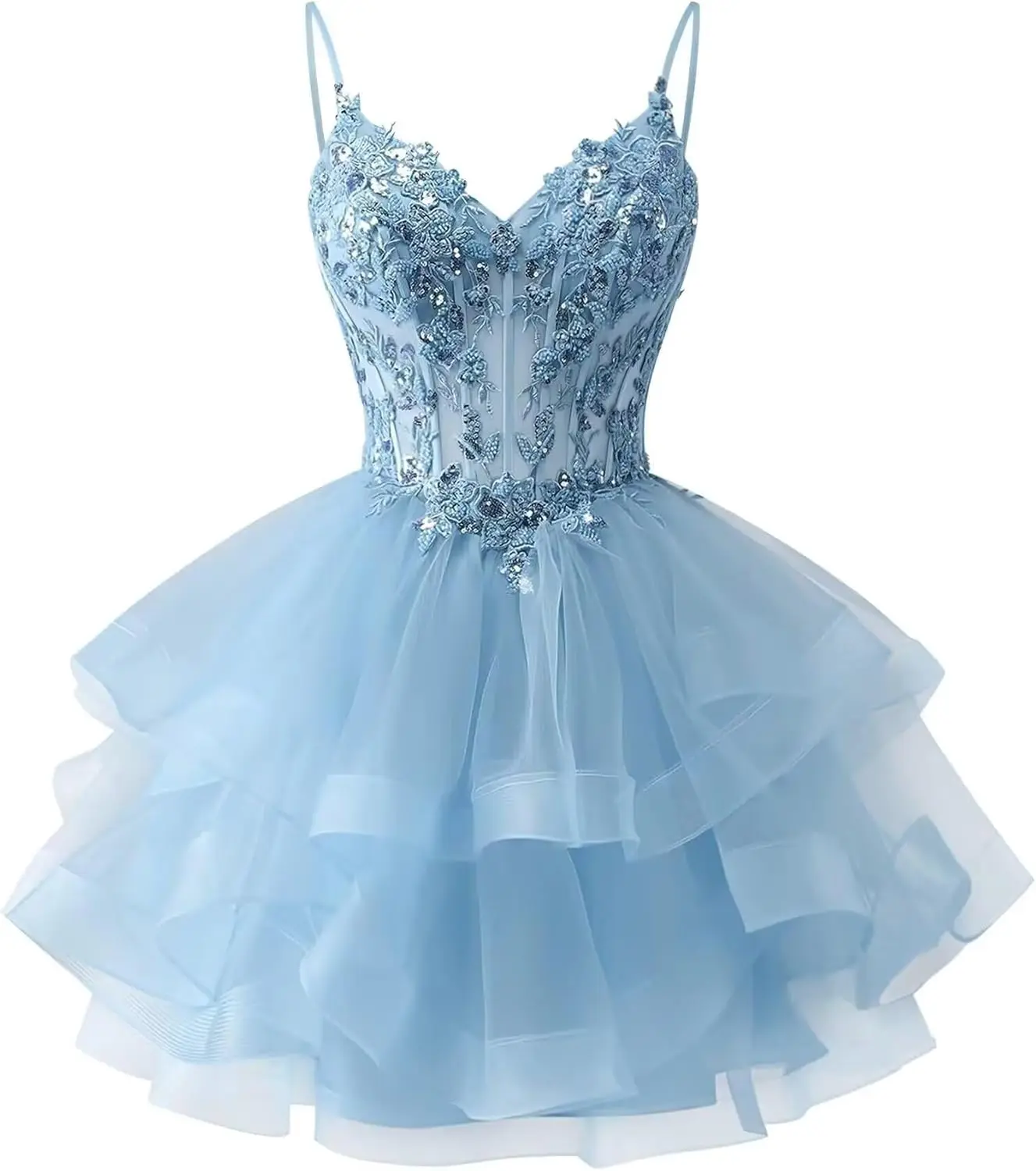 

Spaghetti Strap Sparkly Tiered Lace Homecoming Dresses Short Beaded Tulle Prom Dress Puffy DAMA Dress for Quinceanera Gowns