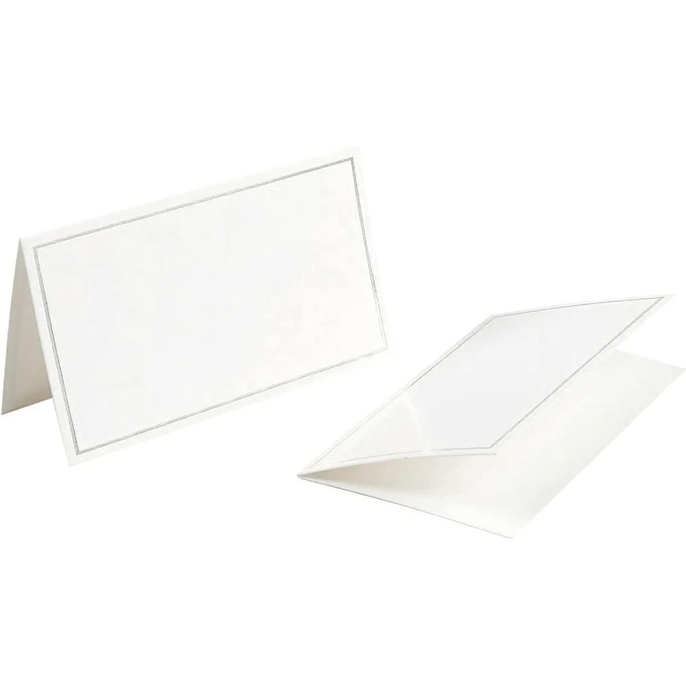 Best Paper Greetings Place Cards for Table Setting - 100-Pack 3.5 x 2 In White & Silver Foil Folded Tents - Wedding & Banquet Se