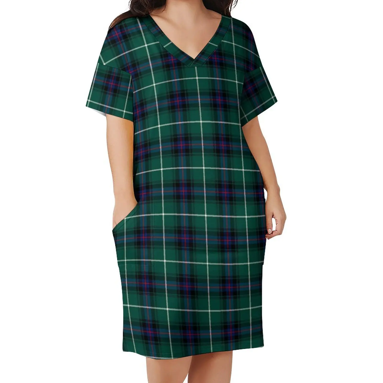 

Vintage Plaid Dress V Neck Green And Blue Cute Dresses Female Basic Printed Casual Dress With Pockets Big Size