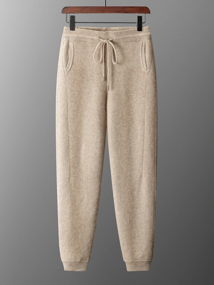 Men's Wool Pencil Pants Drawstring Elastic Waist Casual Trousers Autumn Winter 100% Merino Wool Knitted Jacquard Tapered Pants