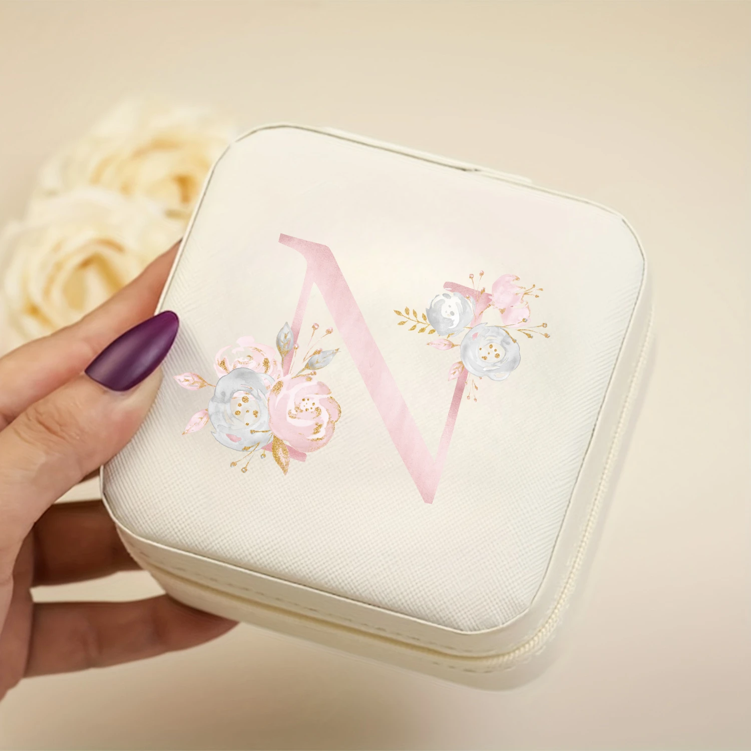 A-Z Alphabet Print Beige Travel White Storage Box, Jewelry Box with Zipper Closure and Fabric Lining - view 4