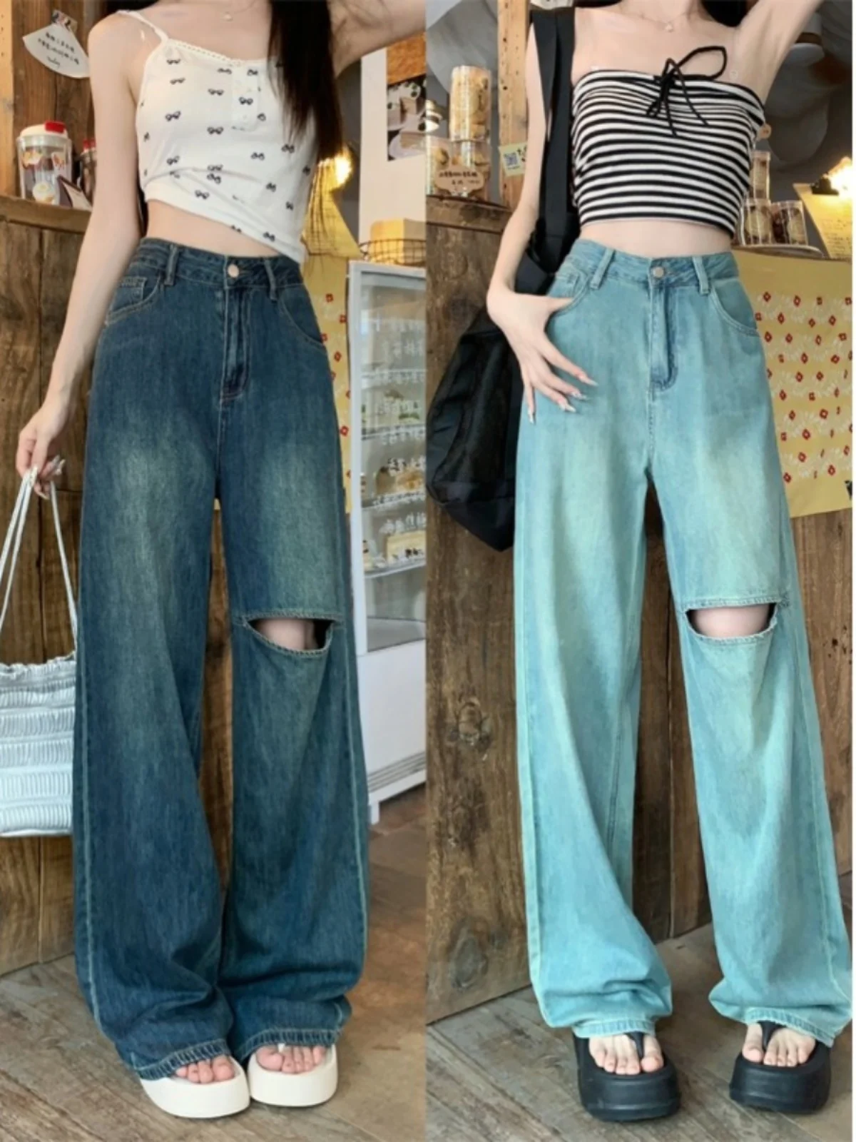 

Джинсы женские широкие с рваным дизайном в стиле ретро, с высокой талией, длиной в пол, весна 2026, новый стиль, уличный стиль