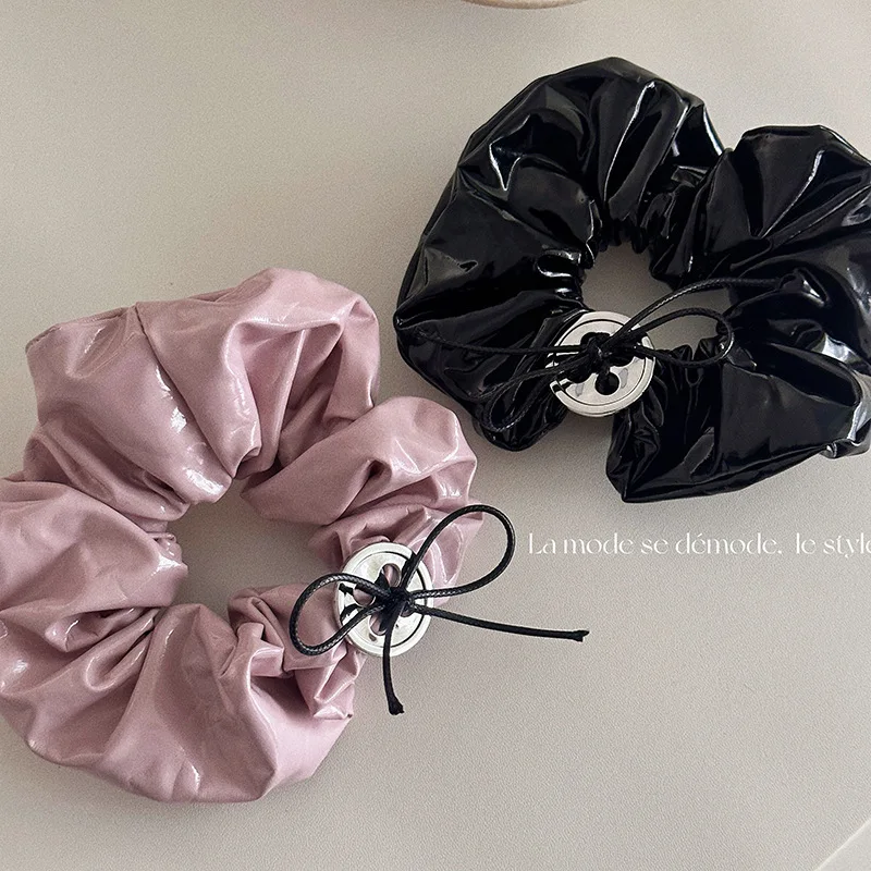 Leather Button Large Intestine Hair Band  Nude Pink High-Grade Glossy Large Bun Girl Heart Hair Rope Headband Hair Accessories