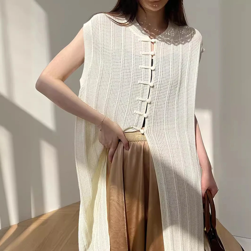 

25 New Arrival Summer Casual Loose Sleeveless O-neck Hollow Out Long Sweater Single Breasted Good Quality Knitted Cardigan T246