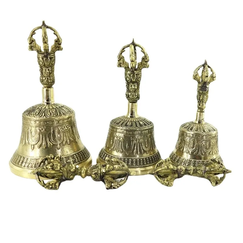 Exquisite Handmade Brass Magic Tools with Five Strand Hand Bell Vintage Brass French Bell with Vajra Pestle Set for Magic Tool