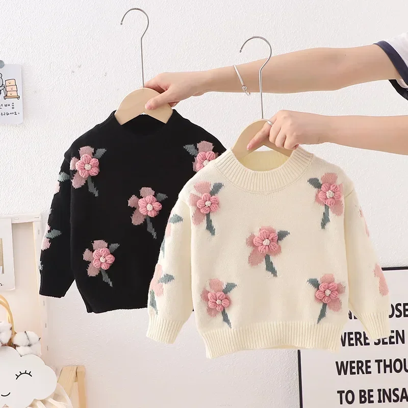 3-8 year old children's clothing autumn  winter new girl cute little flower baby knitted pullover children's sweater base shirt