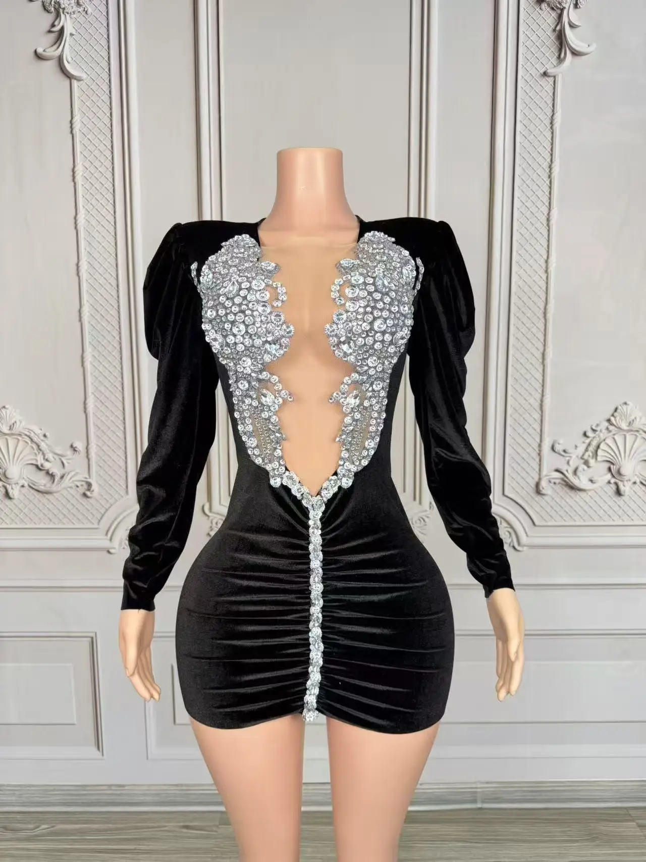 Heiguafu-vestido ajustado de terciopelo con diamantes de imitación brillantes para mujer, vestido de noche para graduación, minivestido de manga larga, traje de escenario