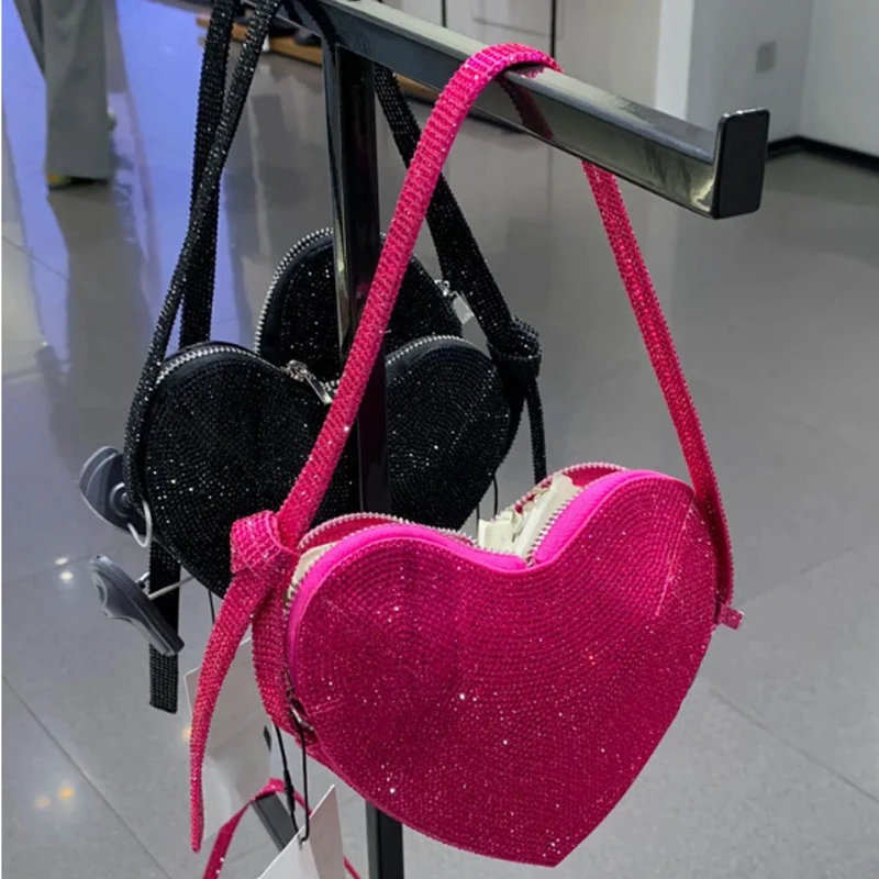 

Heart shaped design shoulder bag rose red women bag fashion love bright diamond evening bag new women handbag mini bag