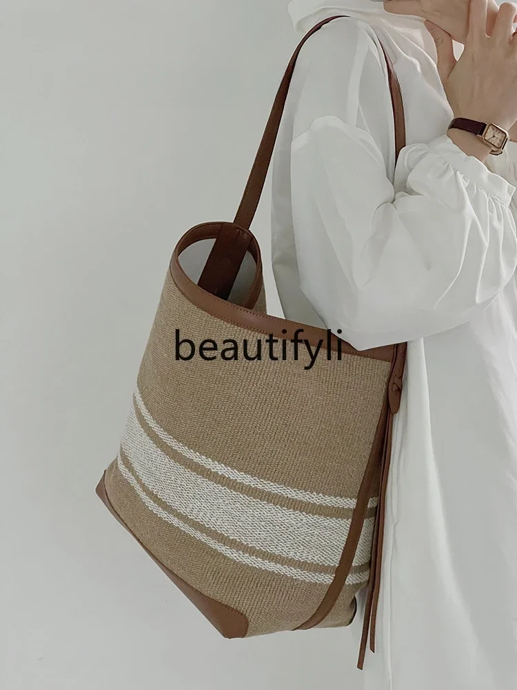 Canvas tote bag women's shoulder messenger large capacity commuter bag lazy wind striped shopping bag tide