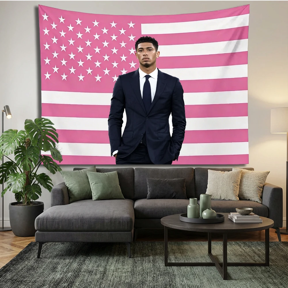 Jude Bellingham Portrait Tapestry, Pink American Flag Background Wall Hanging for Football Fan Bedroom Man Cave Sports Room Deco