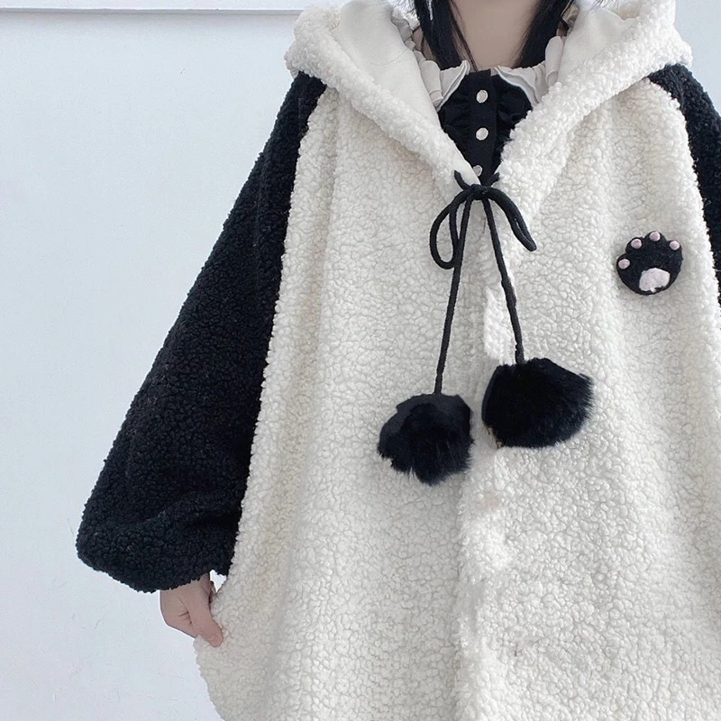 Kawaii Hoodie Ladies Fur Coat Loose Sweatshirt Zipper Cute Panda Ear Cap Autumn and Winter Warm Lamb Plus Fleece Hooded Jacket