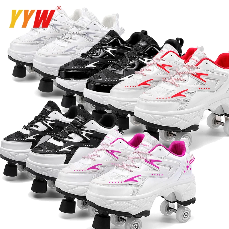 2025 New Dual-purpose Roller Skating Deformation Shoes Double Row Roller Skating Shoes Modified Version Four-wheel Running Shoes