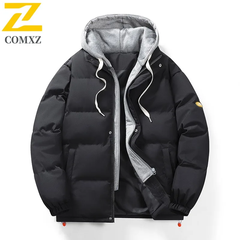 COMXZ Men Cotton Coat Premium Fake Two Piece Japanese Style Hooded Parka Outdoor Cycling Lightweight Winter Thickened Garment