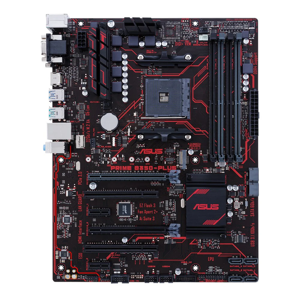 Used Motherboard, ASUS PRIME B350-PLUS, B350 Chipset, AM4 Socket for 1st Gen Ryzen Processors, ATX Form Factor, 4 DDR4 RAM Slots